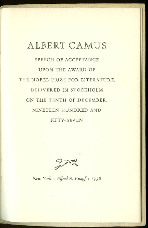 Albert Camus Nobel Prize Acceptance Speech 1st Ed 1958 w Blanche Knopf 