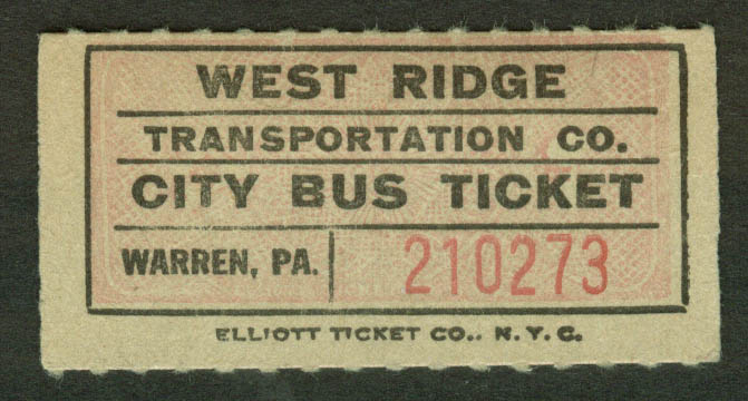 West Ridge Transportation City Bus Ticket Warren PA undated