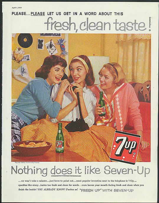 Please let us get in word about 7-Up ad 1959 teenagers on phone