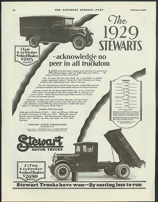 The 1929 Stewart Trucks acknowledge no peer in all truckdom ad dump truck