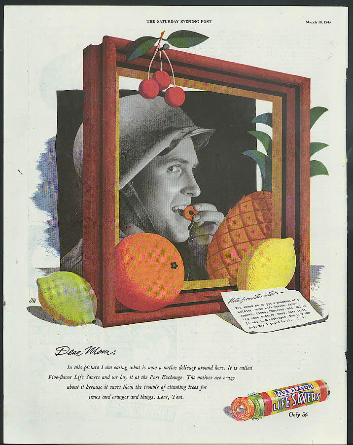 Dear Mom: I am eating a native delicacy Life Savers Candy ad 1944