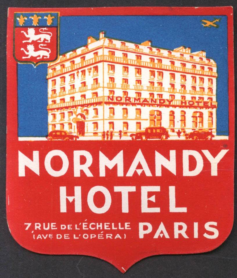 Normandy Hotel 7 Rue de L'Echelle Paris France baggage sticker ca 1930s