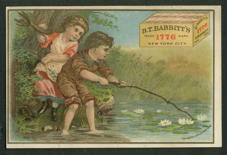 B T Babbitt's 1776 Laundry Powder trade card 1880s kids poking pond lilies