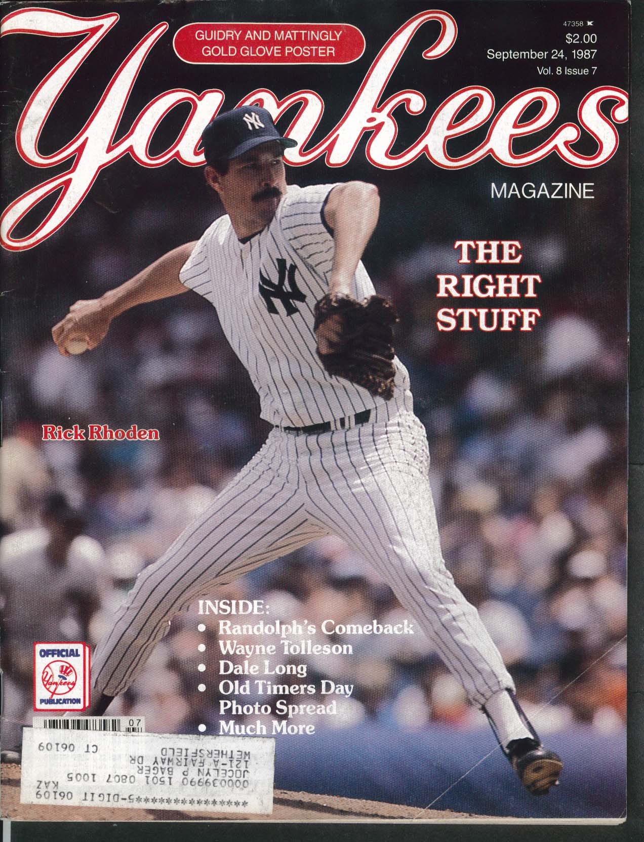 YANKEES Magazine Rick Rhoden Wayne Tolleson Dale Long 9/24 1987