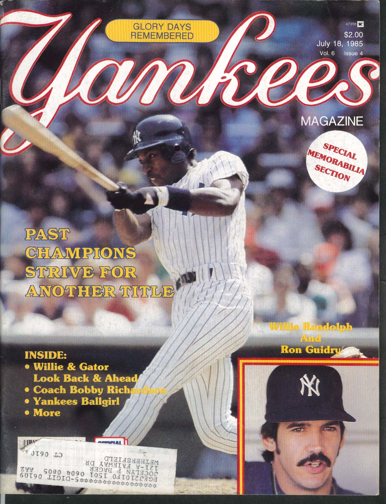 YANKEES Magazine Willie Randolf Ron Guidry Bobby Richardson 7/18 1985