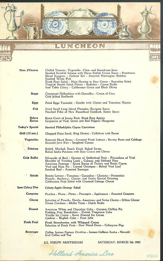 Holland-America Line S S Nieuw Amsterdam Luncheon Menu Card 3/9 1963