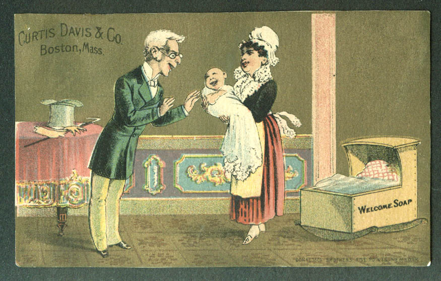 Curtis Davis & Co Welcome Soap trade card 1880s nurse shows baby to father