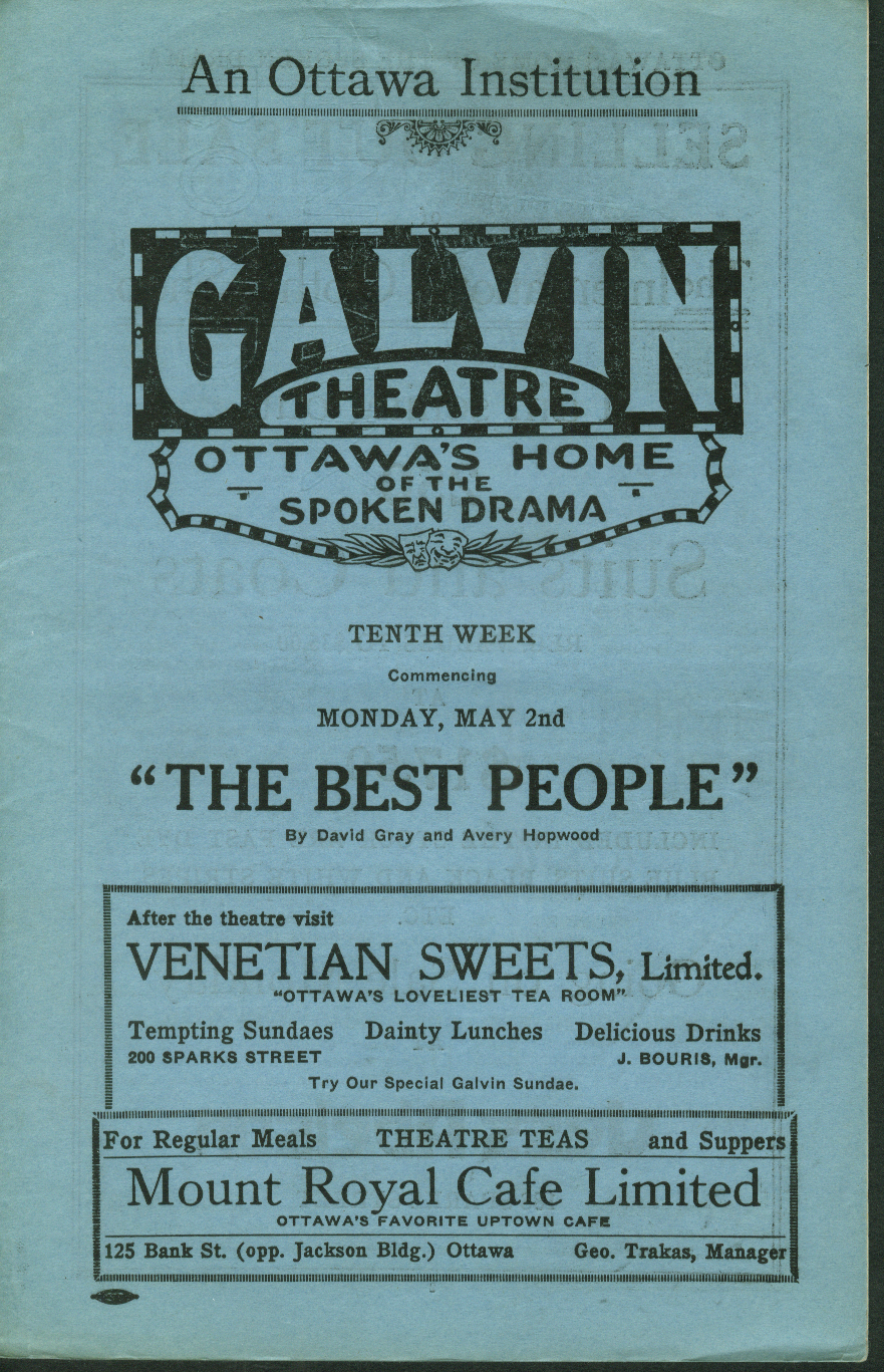 Galvin Theatre Best People program 1910s Ottawa ON