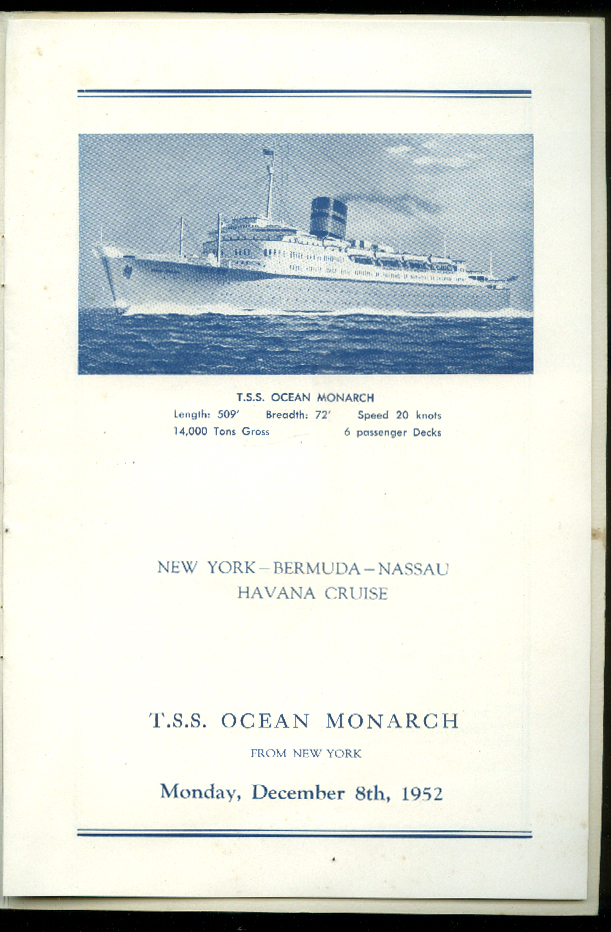 Furness Bermuda Line T S S Ocean Monarch Passenger List 12/8 1952