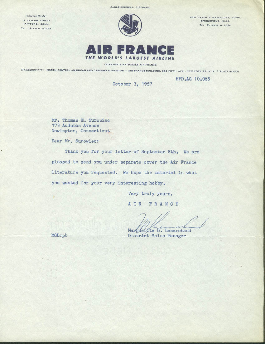 Air France airline letterhead 1957 Hartford CT local sales office
