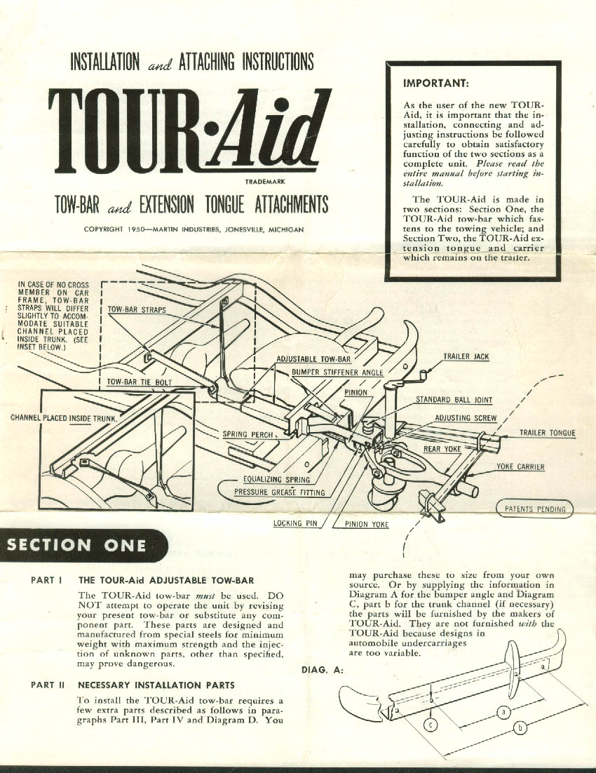 Tour-Aid Tow-Bar & Extension Tongue Installation Instructions 1951