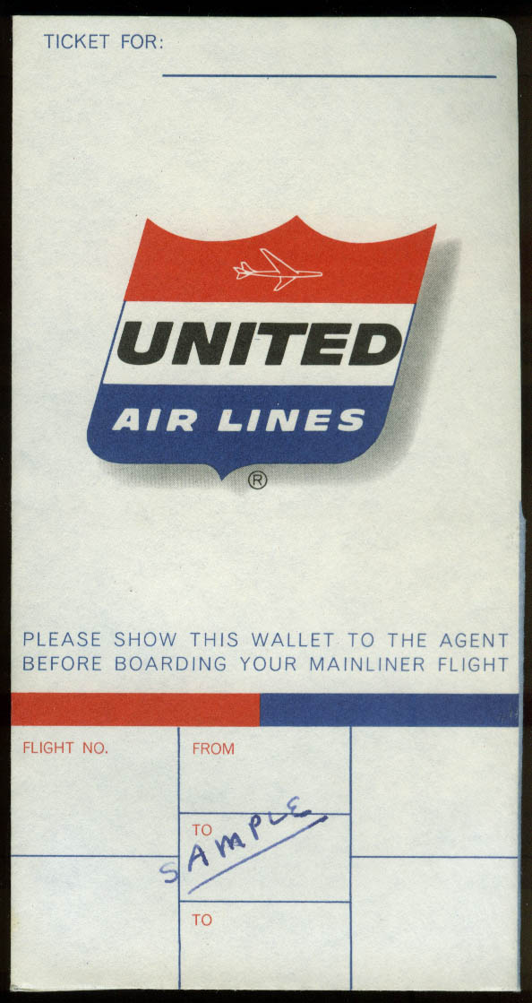 United Air Lines airline ticket wrapper wallet marked SAMPLE 1960