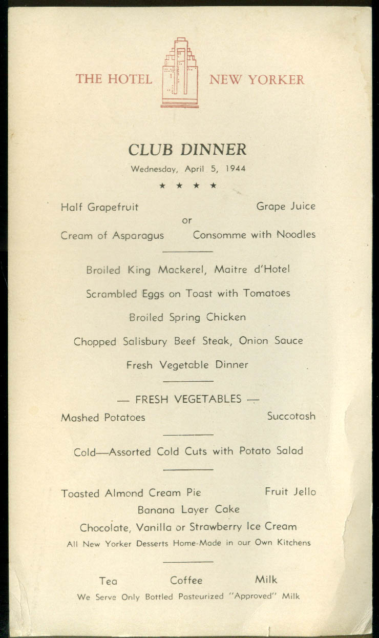 Hotel New Yorker Club Dinner Menu Card 4/5 1944