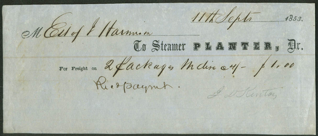 Steamer S S Planter freight bill 1853