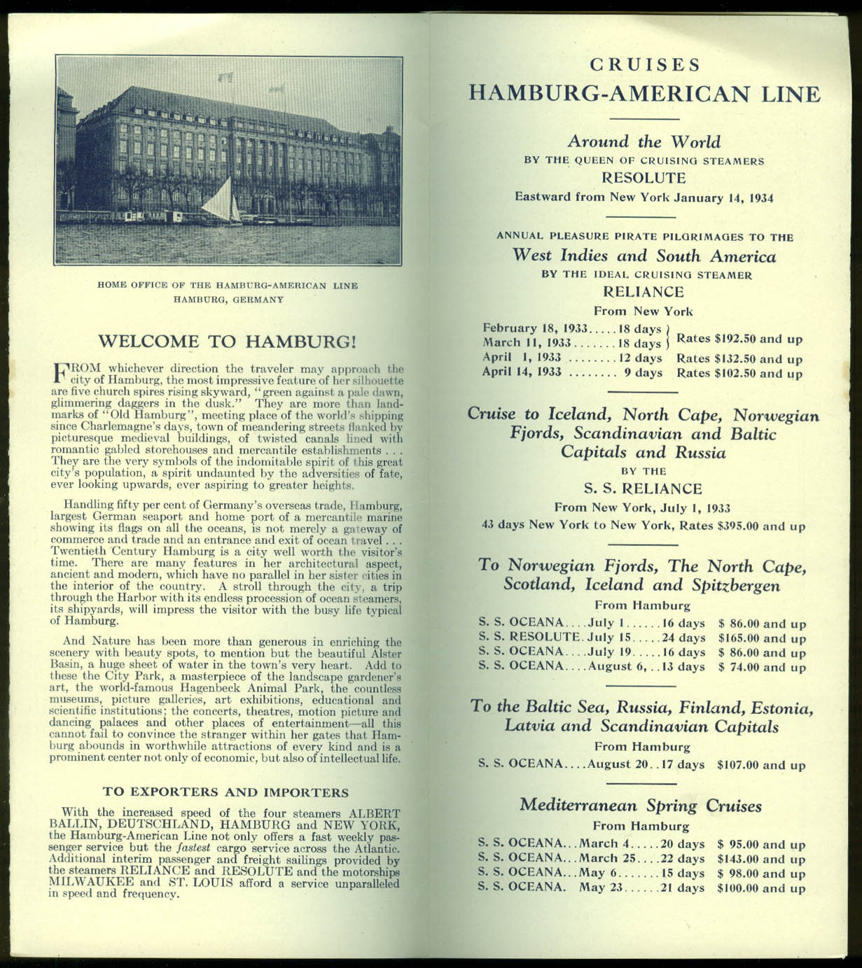 Hamburg-American Line Sailings & Rates Schedule 2 1933