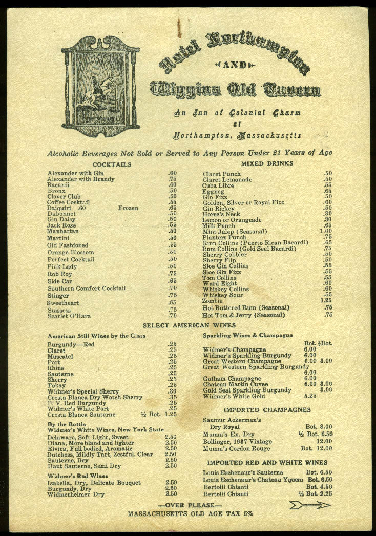 Hotel Northampton Wiggins Old Tavern Menu & separate beverage menu 1947