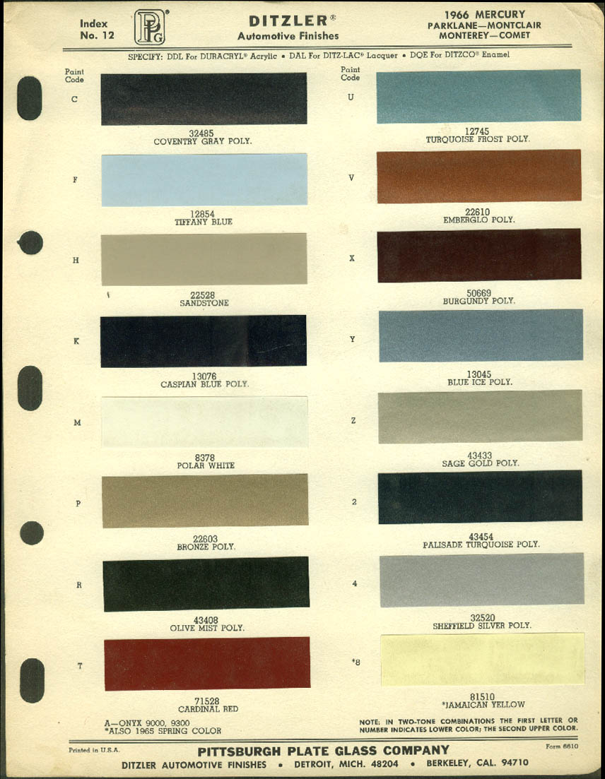 Ditzler Automotive Finishes Color Chip Chart 1966 Mercury & Comet