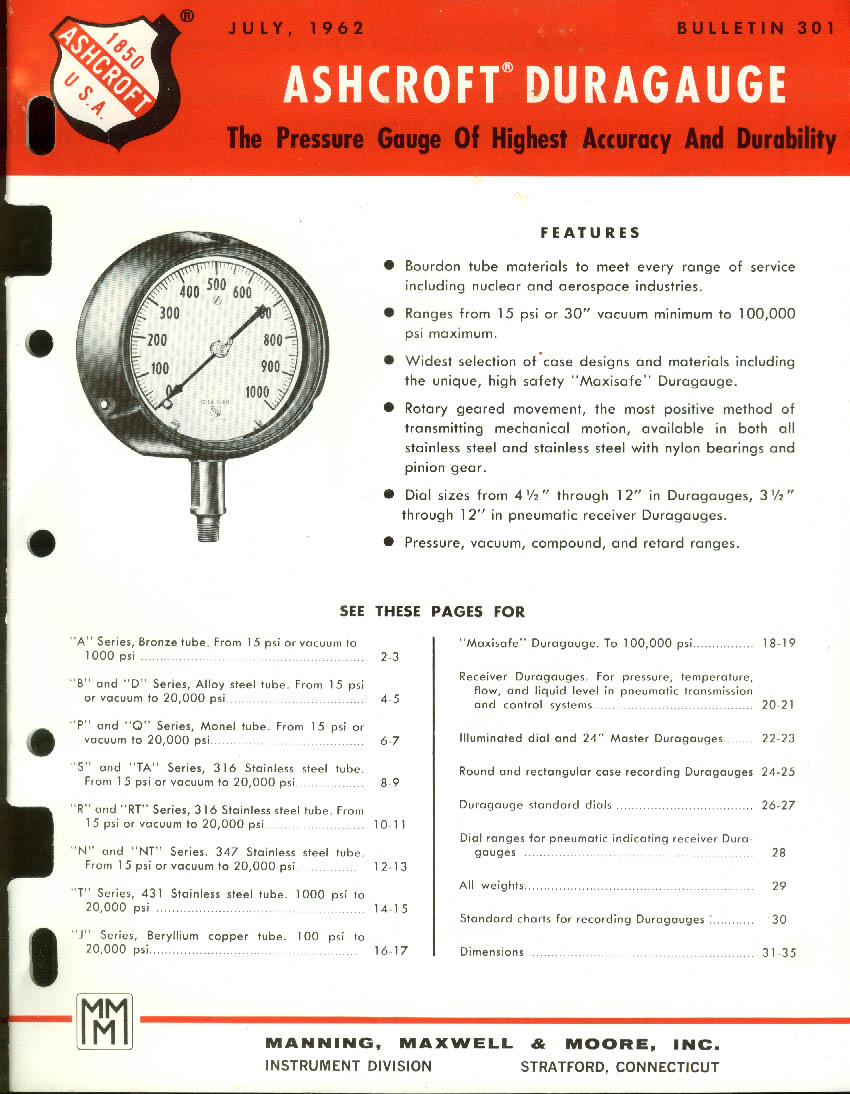 Ashcroft Duragauge Pressure Gauges catalog 1962 Manning Maxwell & Moore