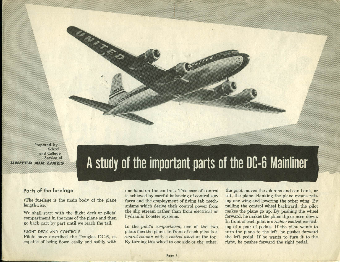 United Air Lines DC-6 Mainliner Most Important Parts airline folder 1950s