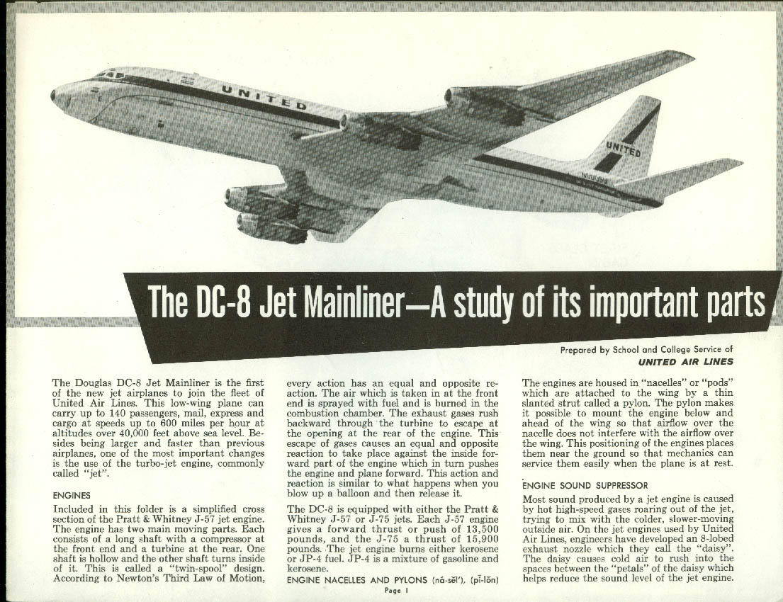 United Airlines DC-8 Mainliner: Most Important Parts airline folder 1960s