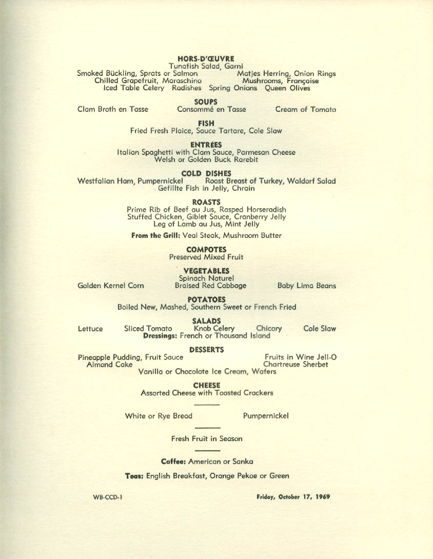 United States Lines S S United States Gala Dinner Menu 10/17 1969