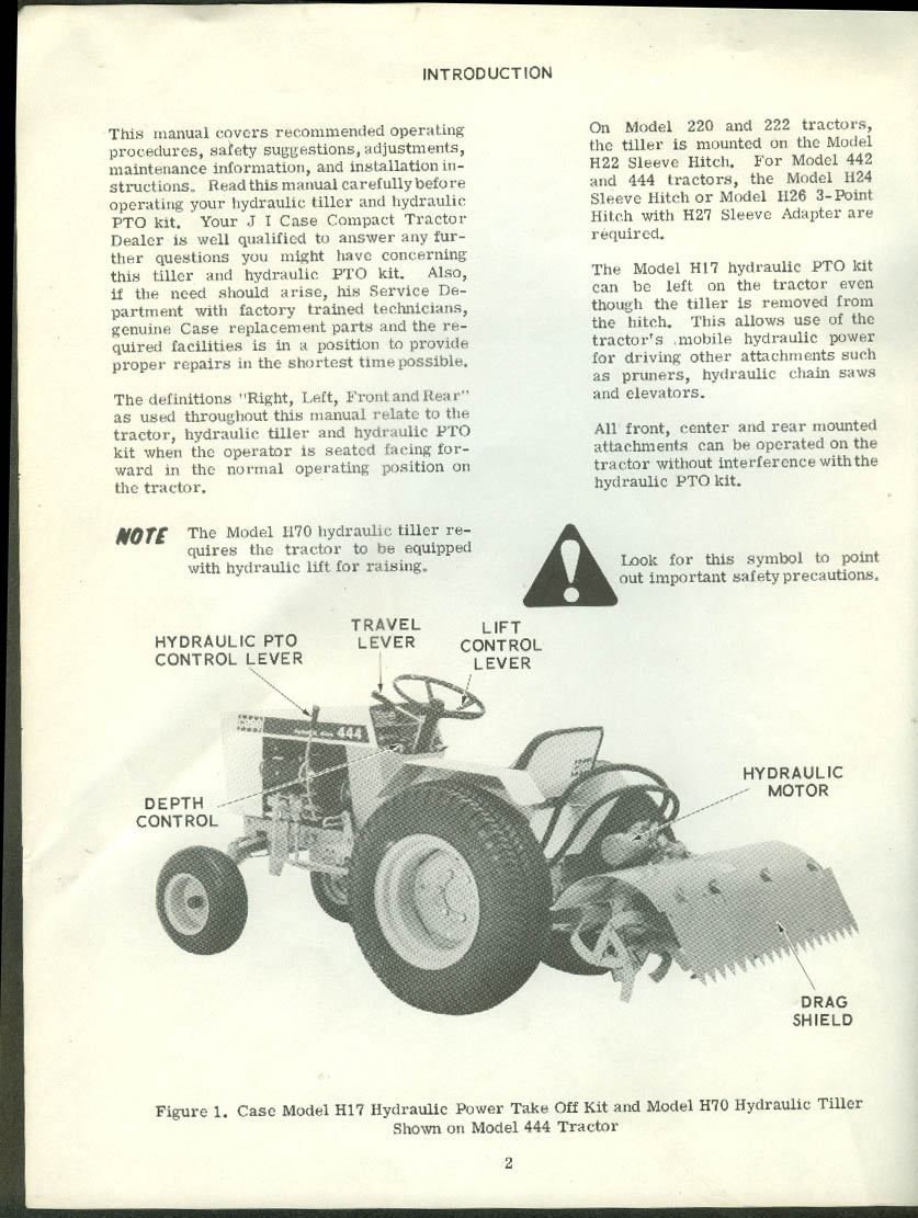 Case Model H17 Hydraulic PTO ^ H70 Tiller Operator's Manual 1970s