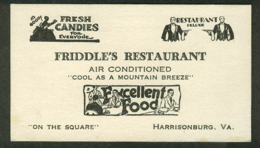 Friddle's Restaurant Harrisonburg VA business card ca 1930s