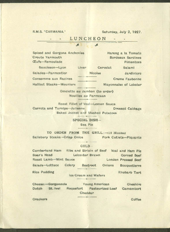 Cunard Line R M S Carmania Luncheon Menu 7/2 1927