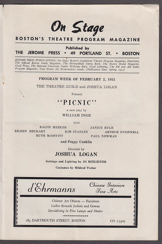 Paul Newman in Picnic pre-Broadway Plymouth Theatre Playbill Boston 1953