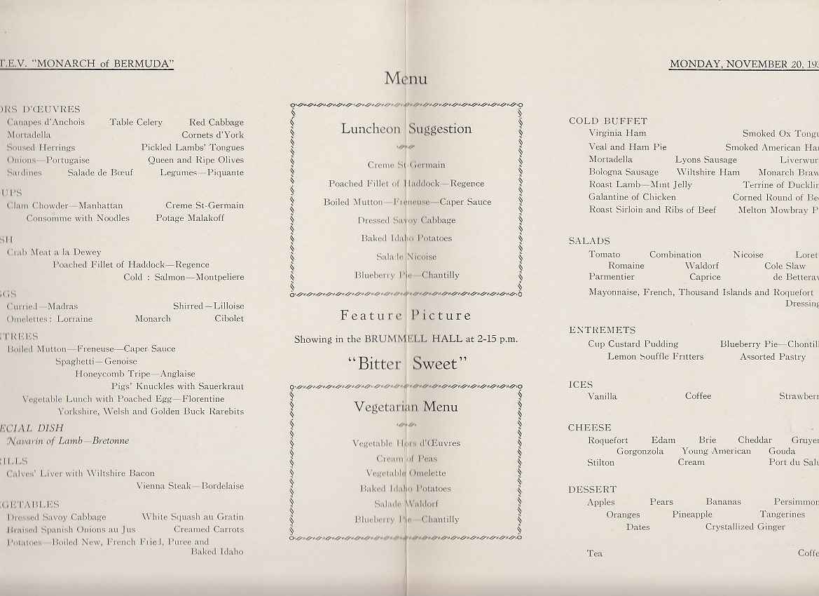 Furness Bermuda QTEV Monarch of Bermuda Luncheon Menu 11/20 1933