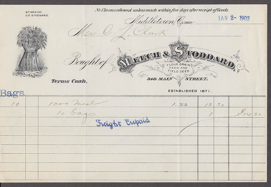 Meech & Stoddard Flour Grain Feed & Seed Middletown CT invoice 1903