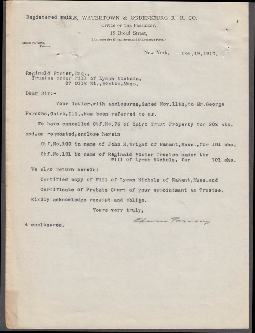 Rome Watertown & Ogdensburg Railroad business letter New York City 1910