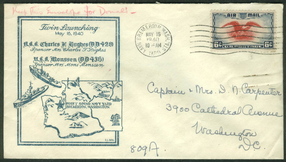 US Navy cachet postal cover USS Charles F Hughes USS Monssen Launch 5/ ...