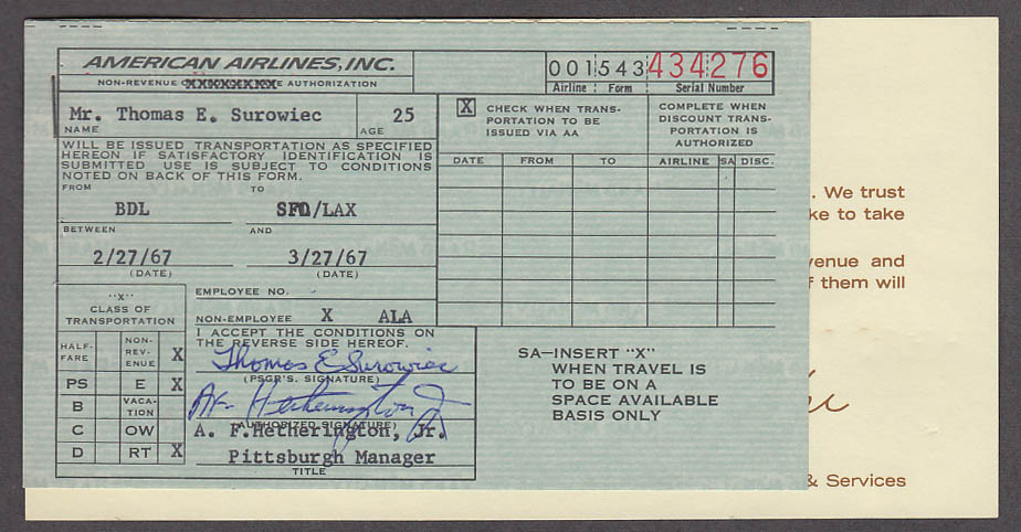 American Airlines airline wrapper & ticket & LA Airways slip & extras 1966