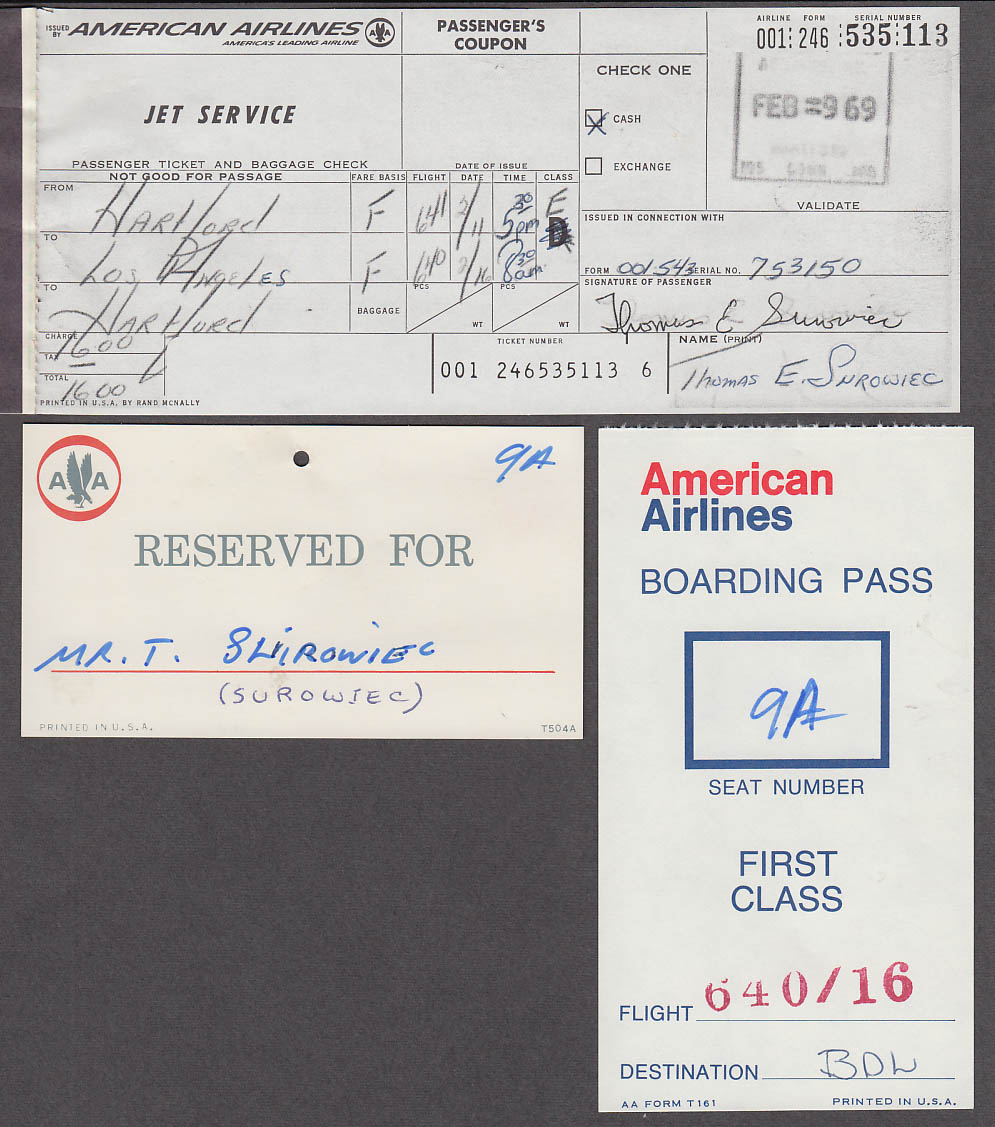 American Airlines airline wrapper & ticket 1969 BDL-LAX + boarding pass ...