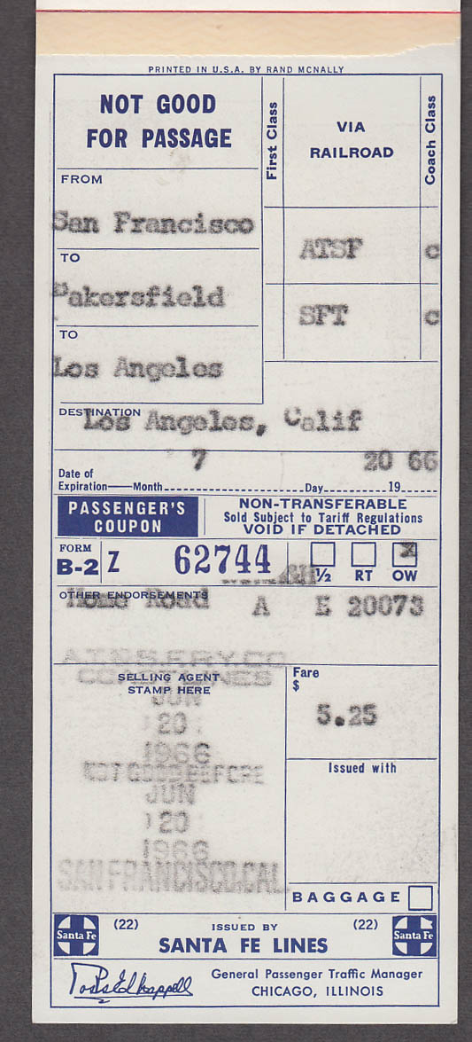 Santa Fe Railroad Chief Way used ticket 1966 SF-Bakersfield-LA