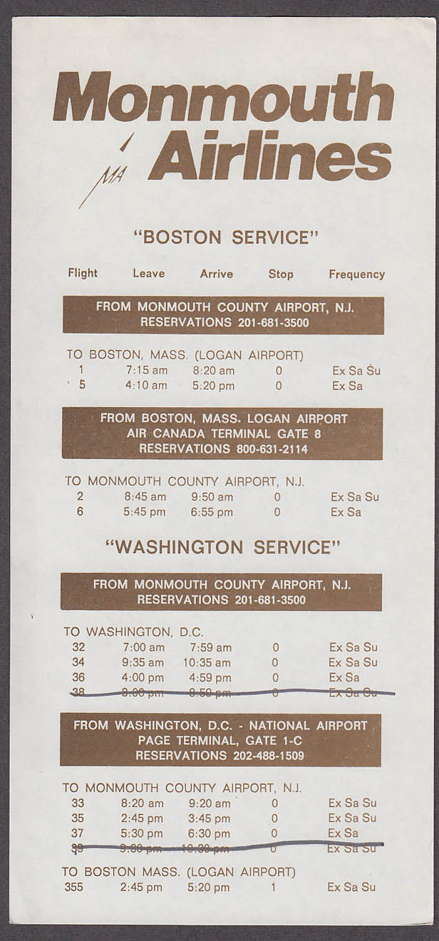 Monmouth Airlines Boston-Washington-NJ airline timetable sheet 1970s