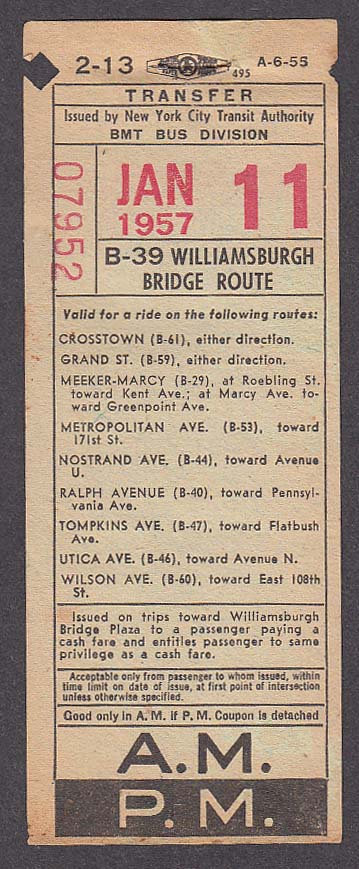 Williamsburgh Bridge Route New York City Transit Authority bus transfer ...