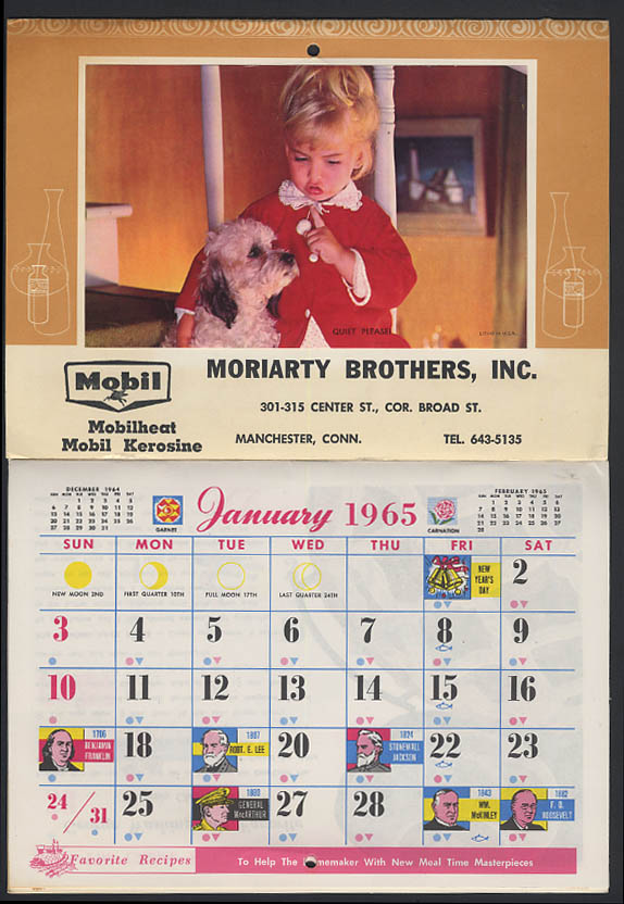 Moriarty Brothers Mobil Mobilheat Kerosine calendar 1965 Manchester CT