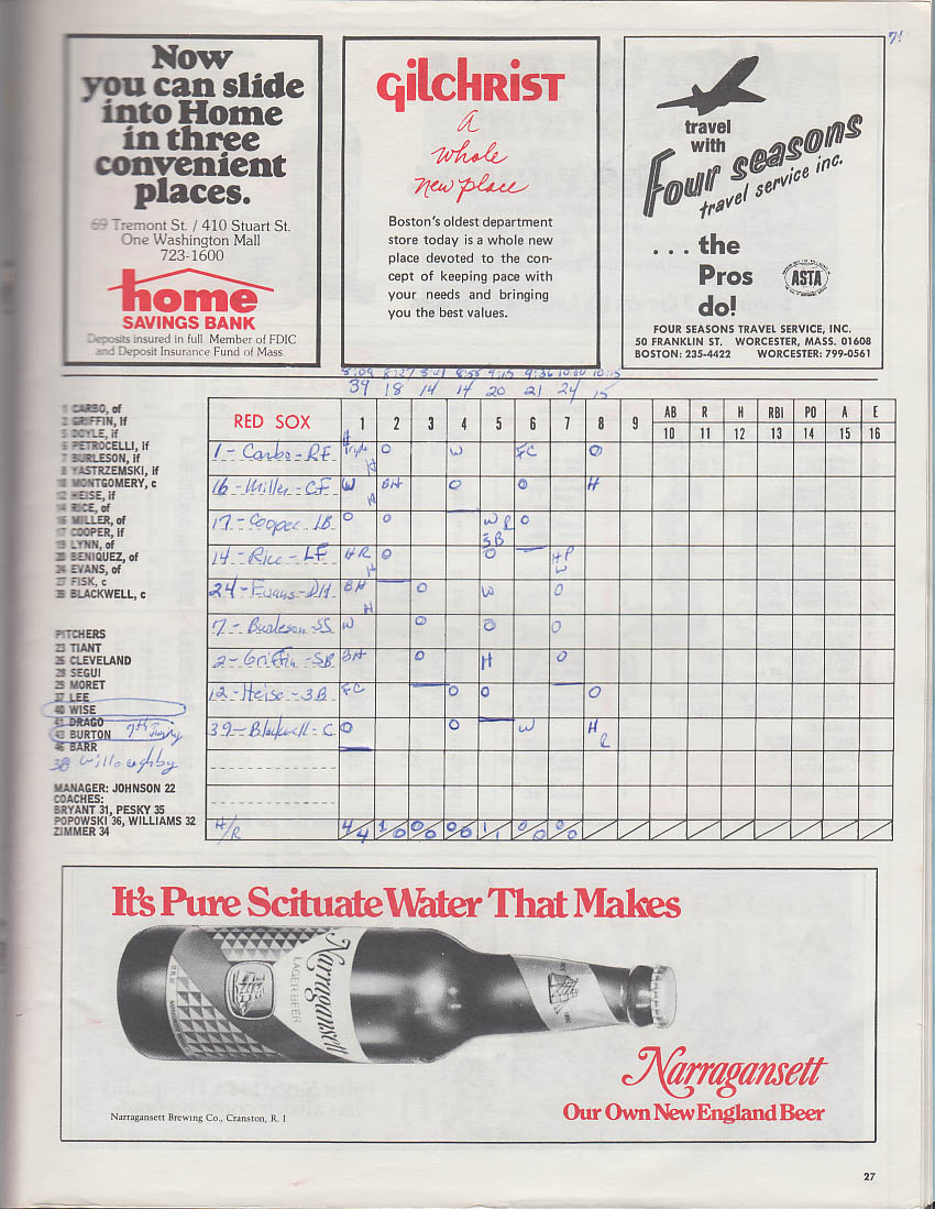 Minnesota Twins at Boston Red Sox Official Scorebook 2nd ed 1975 scored