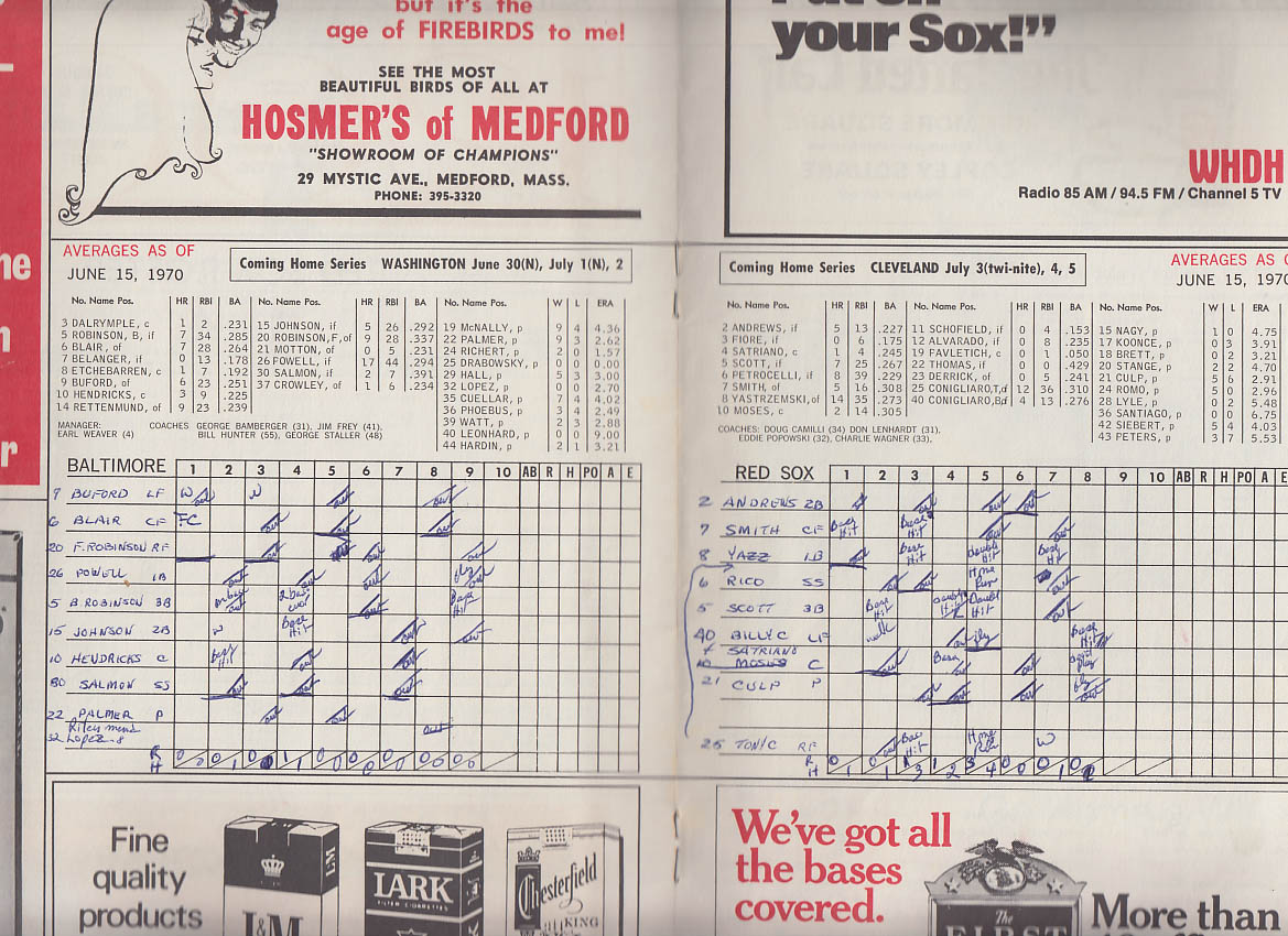 Baltimore Orioles at Boston Red Sox Official Scorebook 1970 scored ...