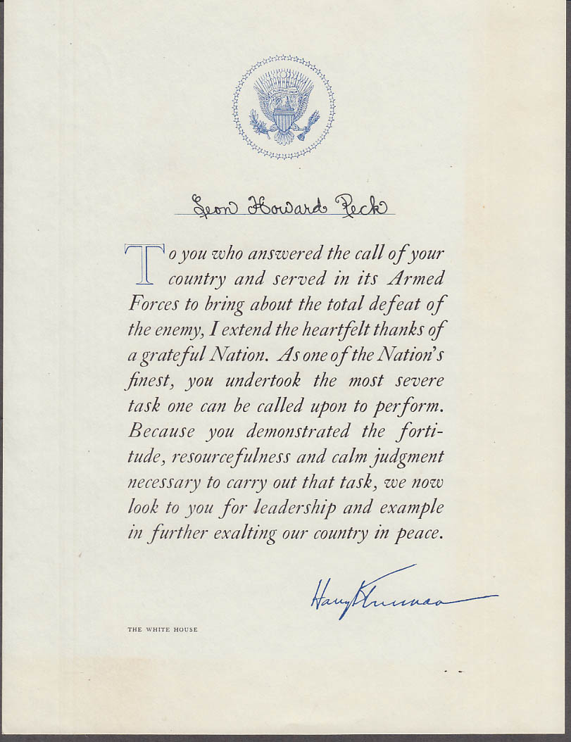 President Truman Heartfelt thanks of a grateful Nation letter to ...