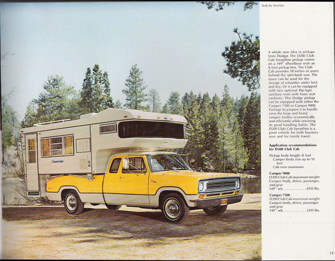 1973 Dodge Campers brochure Motor Homes Pickups Sportsman Club Cab
