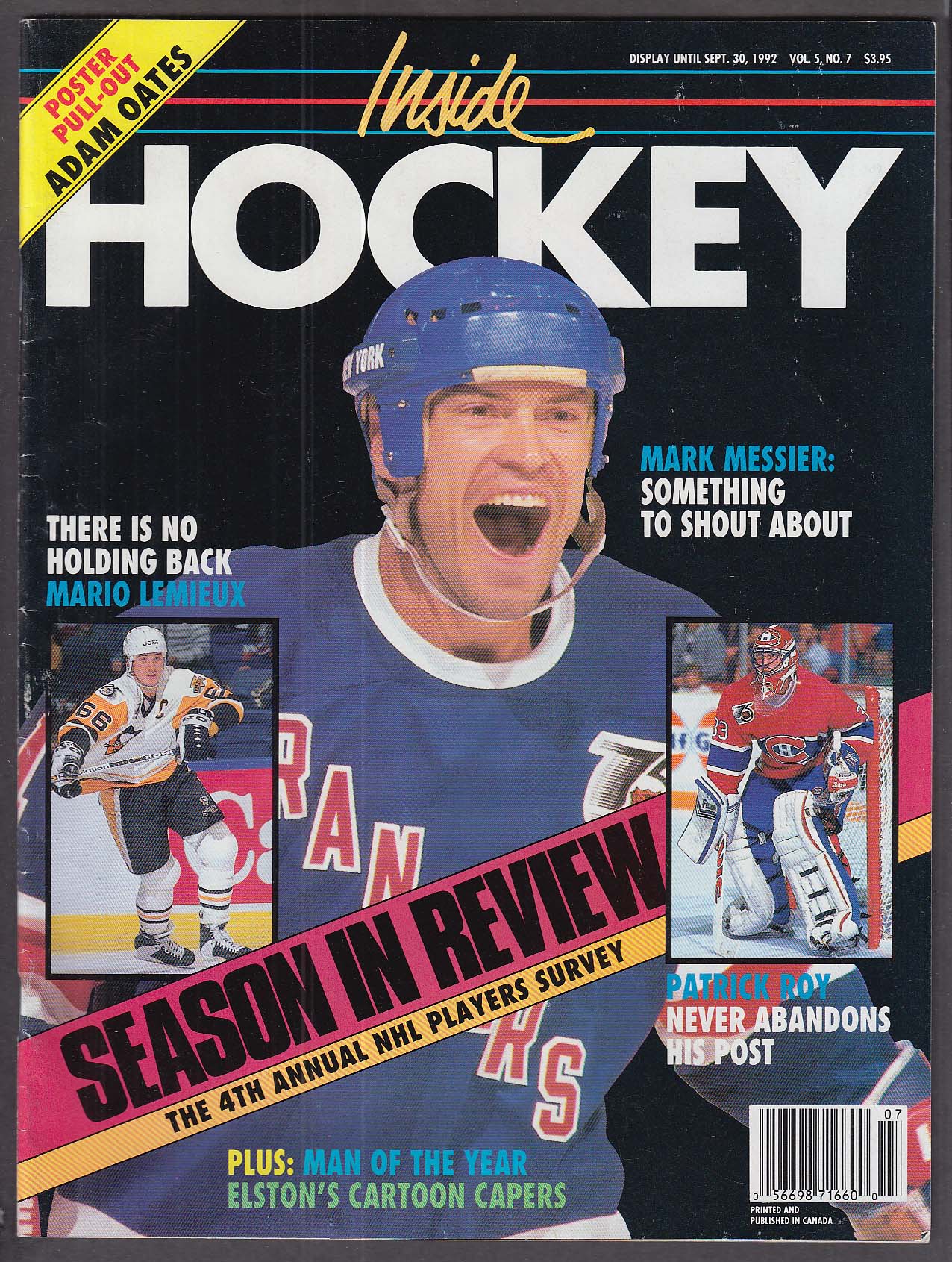 INSIDE HOCKEY Mark Messier Mario Lemieux Patrick Roy Adam Oates ++ 9 1992