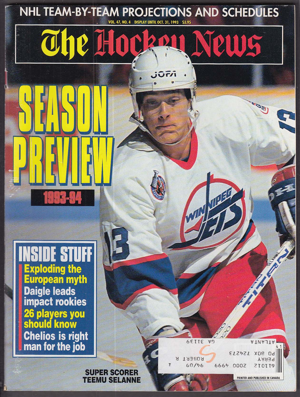 HOCKEY NEWS Vol 47 #4 Teemu Selanne Alexandre Daigle Chris Chelios ...