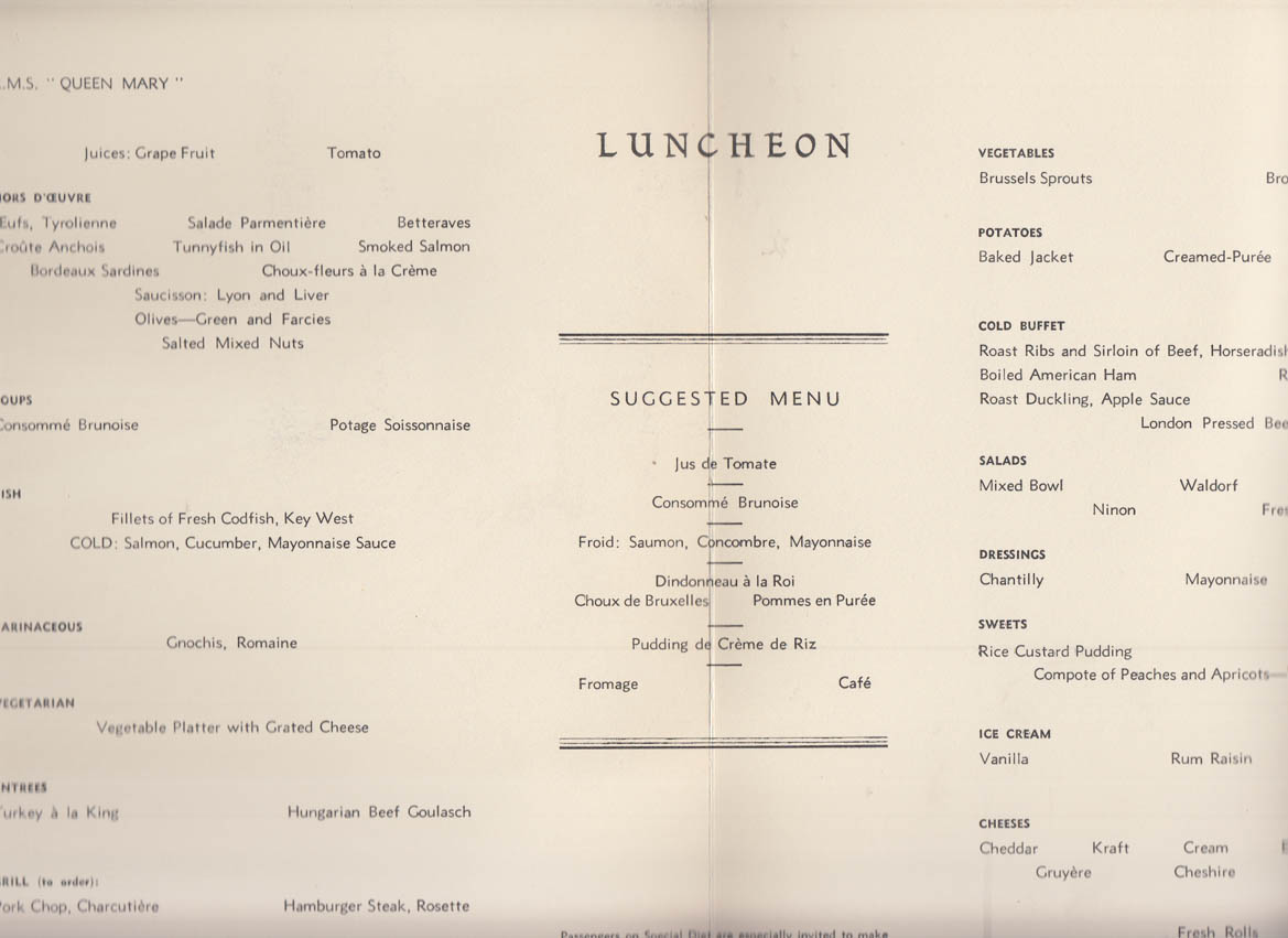 Cunard Line R M S Queen Mary Luncheon Menu 7/6 1958