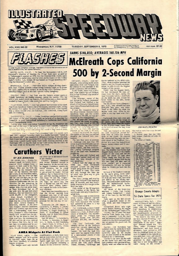 ILLUSTRATED SPEEDWAY NEWS 9/8 1970 McElreath California 500; Caruthers ...