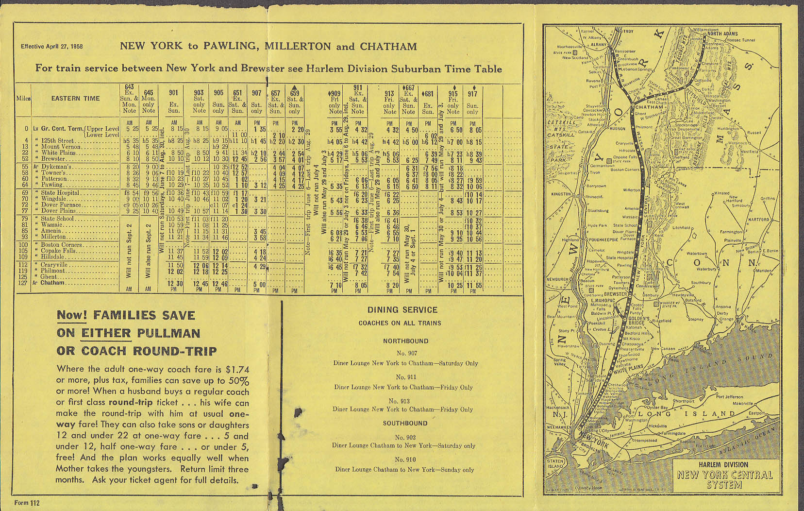 New York Central RR Harlem Division Area Timetable 4/27 1958