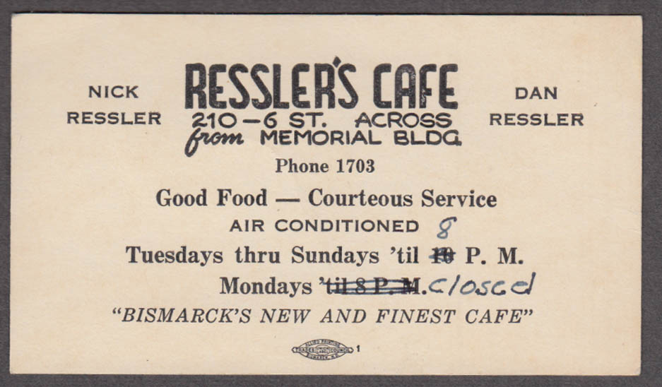 Ressler's Caf? 210 6th Bismarck ND card ca 1940s