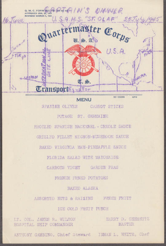 USAHS Hospital Ship St Olaf Captain's Dinner Menu 25 Jul 1945 blue mimeo